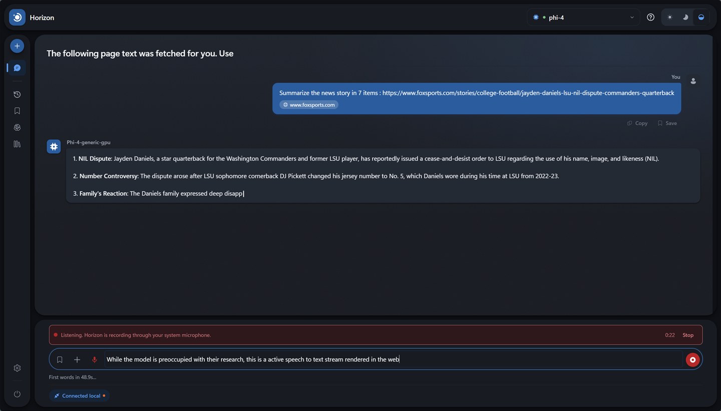 Horizon reading a news page and answering it, while a red banner reads Listening and dictated words appear in the message box.