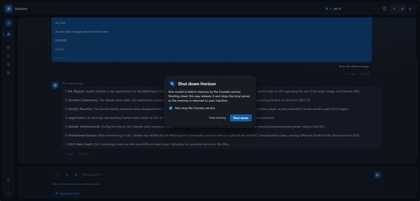 A dialog headed Shut down Horizon explaining that the model is held in memory by the Foundry service, with a checkbox to also stop that service.